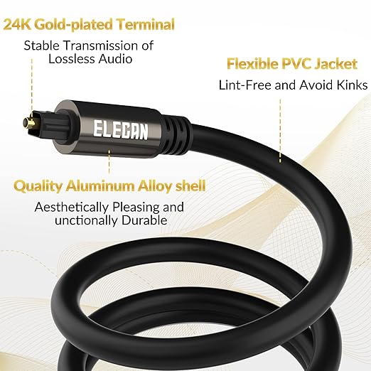 Elecan Optical Audio Cable 8 Ft/2 Pack Digital Audio Toslink Cable Cord-Fiber Optic-Gold Plated-Flexiable&Durable-for Home Theater,Sound Bar,PS4& Xbox-with Right Angled+Mini Toslink Adapters+Ties