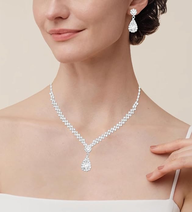 HONGLU Elegant Crystal Necklace Earrings Bracelets Set Silver Bridal Wedding Jewelry Sets Bride Bridesmaids Prom Formal Costume Accessories for Women