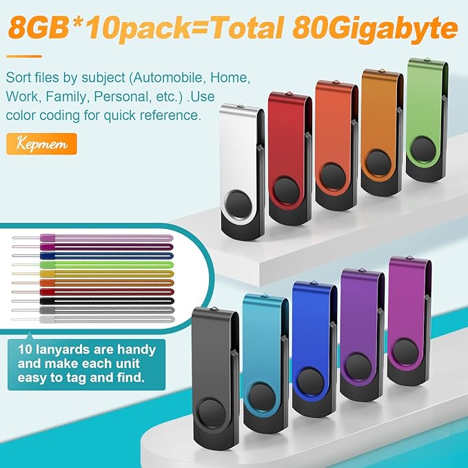 Kepmem 10 Pack Thumb Drive 32GB Flash Drives Bulk, Metal Swivel USB Drive 3.0 Memory Stick 32 Giga Pen Drive Colorful Jump Drive 32 GB Zip Drive with Multicolor Lanyards for Data Storage and Transfer