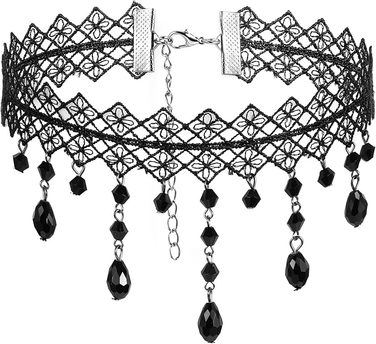 Ouligay Gothic Black Choker Necklace for Women Gothic Black Necklace Adjustable Vintage Goth Lace Collar Crystal Goth Jewelry Gifts for Halloween Cosplay Party Prom Costume Jewelry Accessories