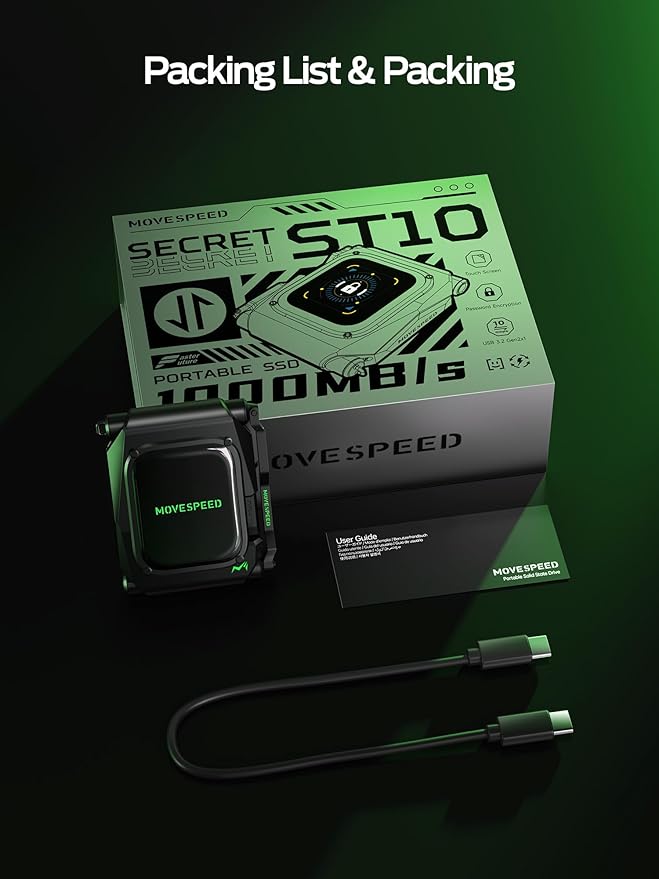 MOVE SPEED External Hard Drive with Touchscreen, Up to 10Gbps Portable SSD, USB-C 3.2 Gen2, Compatible with iPhone, Windows, Mac & More (ST10,2TB)