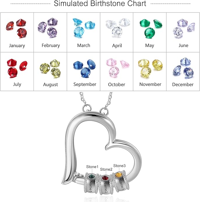 Personalized Women's Pendant Necklace 925 Sterling Silver with 1-5 Simulated Birthstone Names Customized Heart Shape Cubic Zirconia Necklace