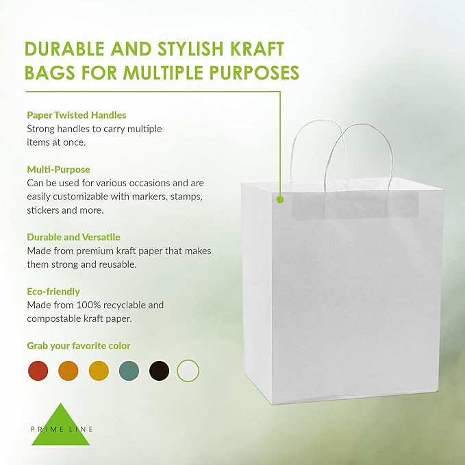 Prime Line Packaging White Paper Bags, Kraft Gift Bags with Handles for Small Business, Shopping, Take-out Goodies, Bistro, Boutique, Bulk, 10x6.75x12, 50 Pack