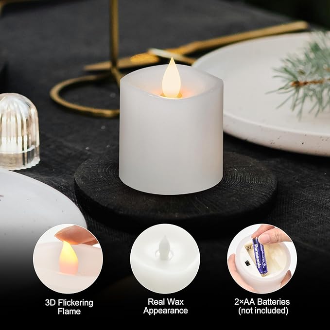 3x3 Flickering Flameless Candles, Real Wax LED Battery Operated Candles, 3 inch Flameless Candles with Remote, for Wedding Holiday Decorations,White