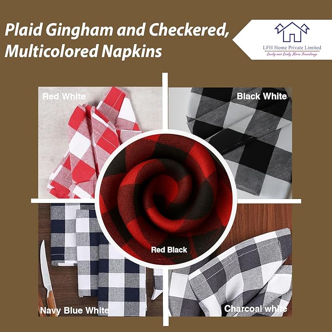 LFH Home 100% Cotton Cloth Reusable Dinner Napkins Set of 12 Washable Soft Decorative Buffalo Plaid Gingham and Checkered Table Napkins for Holidays Wedding Farmhouse Decor 18x18 Inch-Red & Black