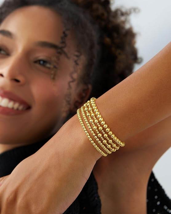 Howoo Gold Bracelets for Women Beaded Initial Bracelet Stack Dainty Heart Stretch Gold Charm Bracelet Jewelry for Women Trendy