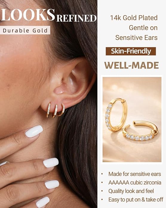 Busy Women's Gold Huggie Earrings Hoops Set — Small Dainty Cubic Zirconia Hoop Earrings 14K Gold Plated, Shower-Safe, Work-Ready, Skin-Friendly, Easy to Stack (3 Pairs)