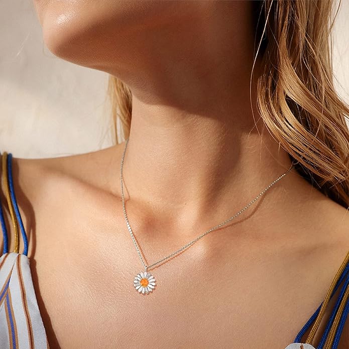 KINGWHYTE Daisy Necklace Gifts for Women 925 Sterling Silver Opal Daisy Pendant Spring Flower Necklace Jewelry Graduation Birthday Celebrate Congratulation Gift