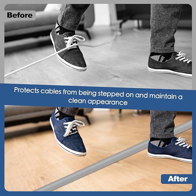 Floor Cord Cover for Wires on Floor Self Adhesive Cord Hider Floor Cable Management Wire Covers for Cords Protector Prevent Cable Trips Cord Cavity W 0.51" x H 0.31", Gray, 10Ft