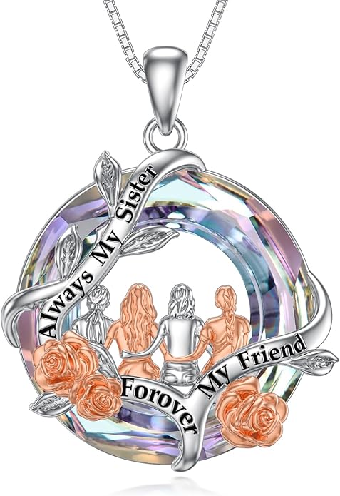 TOUPOP Sisters Gifts from Sister Necklace Sterling Silver Rose Flower with Crystal Jewelry Valentines Day Birthday Gifts for Women Best Friend Friendship