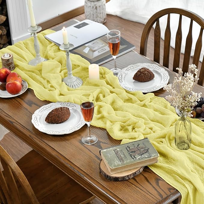 Artoid Mode Boho Light Yellow Gauze Wedding Table Runner, 120 Inch Seasonal Fabric Kitchen Dining Holiday Table Decor for Home Party Indoor