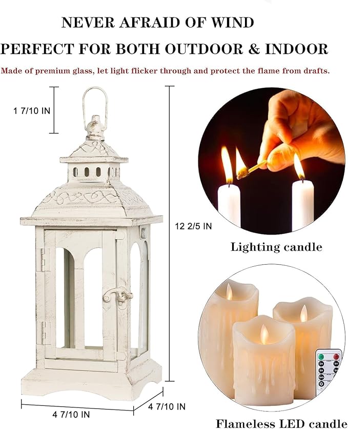 DECORKEY Lanterns Decorative Indoor & Outdoor, Medium Hanging Home Decor, Vintage Metal Decorative Candle Lanterns for Outdoor Patio Wedding Party Beige with Copper Brush