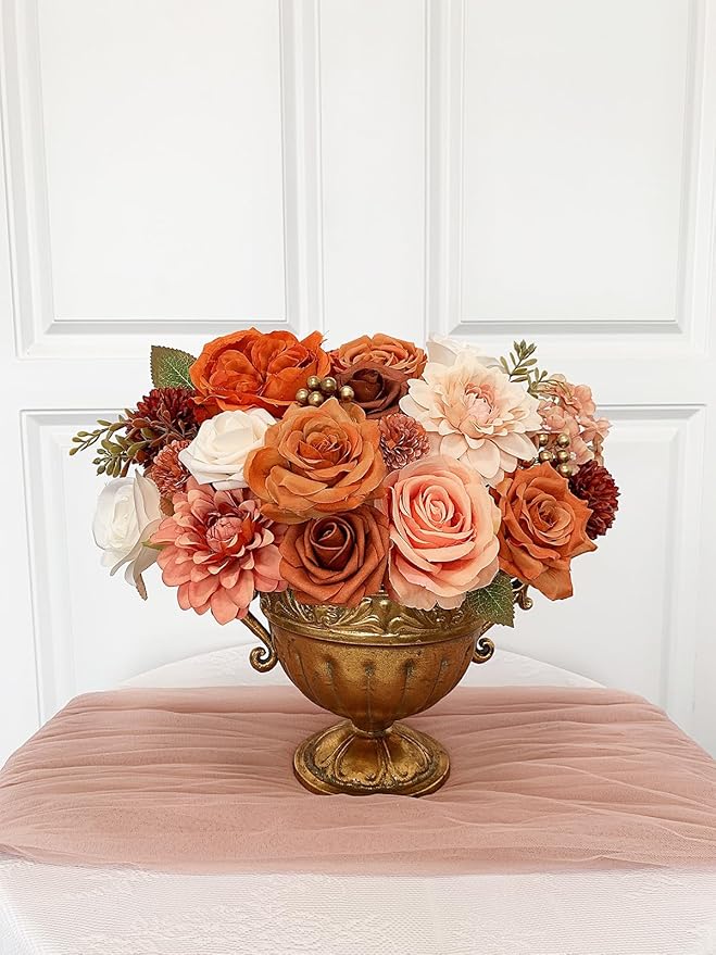 Orange Roses Artificial Flowers Fall Fake Flower Bulk for DIY Wedding Bouquet Bridal Baby Shower Centerpiece Table Decorations Faux Floral Arrangements for Party Home Decor Cake Decorating