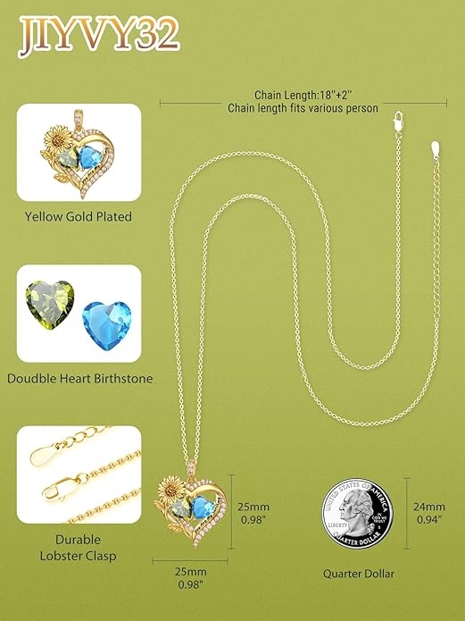 Sunflower Heart Necklace for Women 14K Gold Exquisite Valentines Day Anniversary Birthday Gifts for Wife Mother Her Double Birthstone Pendant Jewelry‘You Are My Sunshine’