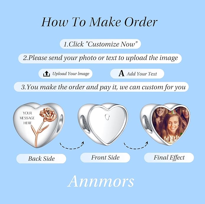 Annmors Personalized Photo Charm for Bracelet Necklaces,925 Sterling Silver Charm Love Heart Shaped Engraved Customize Picture Gift for Birthday Mother's Day Christmas,Bead Charms Jewelry for Women