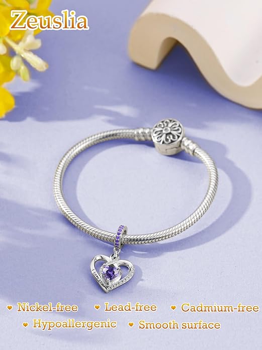 Heart Birthstone Charms for Bracelets, 925 Sterling Silver Women Bead Charms for Charm Bracelets Necklace, Mother's Day Birthday Anniversary Jewelry Gifts for Wife Mom Grandma Daughter