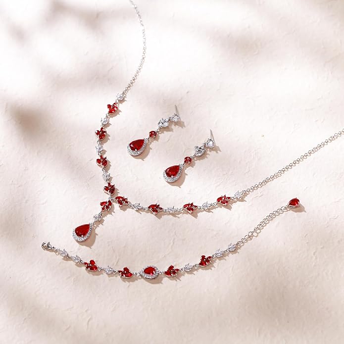 Crysdue Teardrop Bridal Jewelry Set for Wedding Party, Silver/14K/Rose Gold Plated Prom Costume Jewellery for Bride Bridesmaids Women, Cubic Zirconia Necklace Dangle Earrings Bracelet