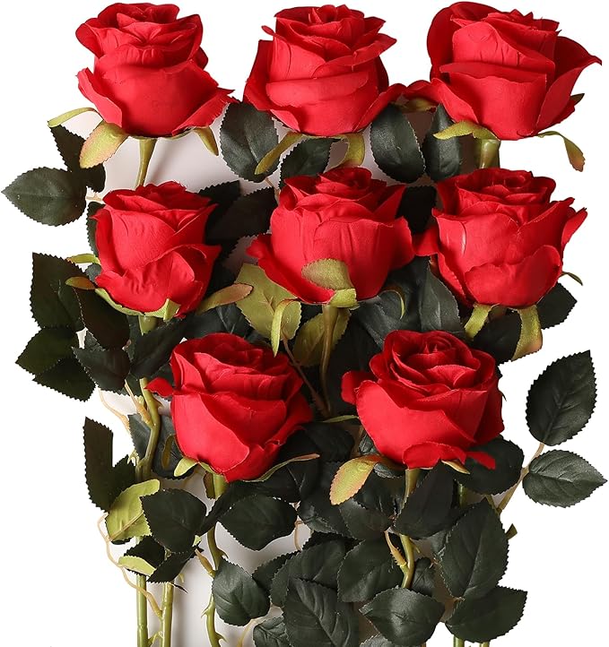 Tifuly 8 Pcs Red Roses Artificial Flowers Bulk,Realistic Long Stem Fake Silk Roses Bouquet for Wedding Centerpiece Table Vases Party Home Kitchen Decor