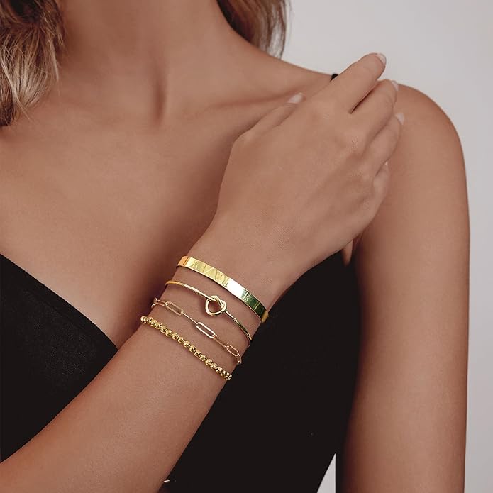 Gold Bracelets for Women 18k Gold Plated Bracelet Stack Bangle Cuff Bracelet Set for Women Non Tarnish Beaded/Paperclip/Cuban Link Chain Bracelets Jewelry for Women Trendy