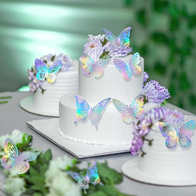 Laser Butterfly Wall Decor, 48Pcs 2 Styles 3 Sizes Butterflies for Birthday Cake Cupcake Toppers, 3D Paper Iridescent Sticker Graduation Grad Cap Decorations Baby Shower Girl Room Nursery Decals