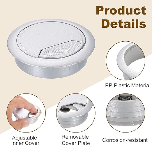uxcell 8 Pcs 60mm (2.36 Inch) Desk Grommet, Plastic Cable Hole Cover, Wire Cord Cable Organizer for Home Office Computer Desk Cabinet, Silver