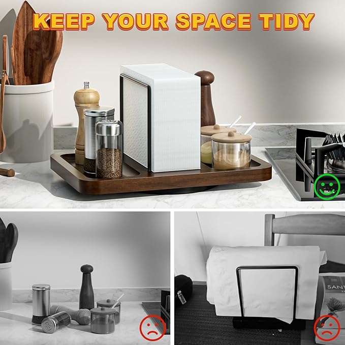 Napkin Holder for Table, Rotating Metal Napkin Dispenser with Salt and Pepper Shakers Caddy Standing Paper Towel Holder for Bathroom Kitchen Dining Table Decor Not Including Shakers
