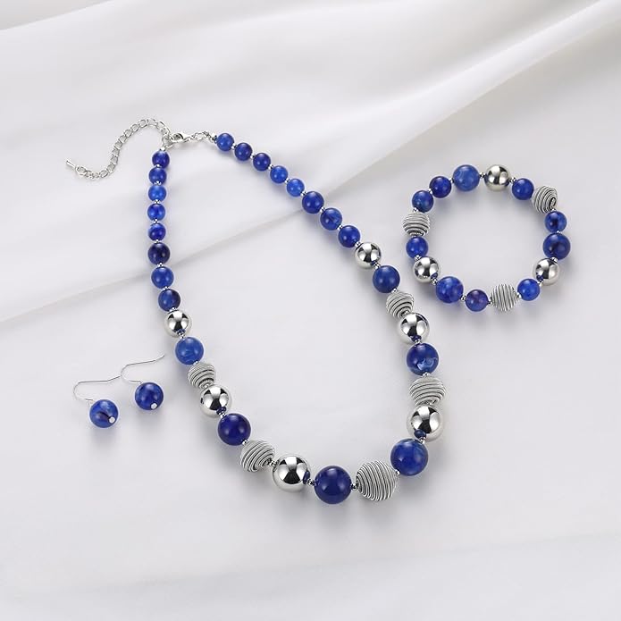 PEARL&CLUB Beaded Chunky Statement Necklace Earring and Bracelet Set Silver Metal Bead Fashion Jewelry Set Mothers’ Day Gifts for Women