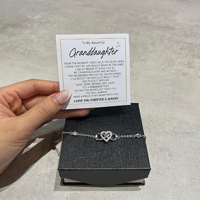 To My Granddaughter - Infinity Heart Bracelet Gift with Meaningful Card, Granddaughter Gifts from Grandma & Grandpa, Elegant Silver Jewelry for Birthday, Graduation, Christmas.