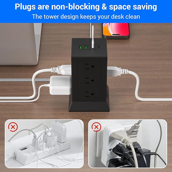 Power Strip Tower with Multiple Outlets, 10 Ft Extension Cord Flat Plug with 12 AC Outlets 4 USB Ports (2 USB C), Power Tower Surge Protector with Individual Switches for Home Office Dorm Room, Black