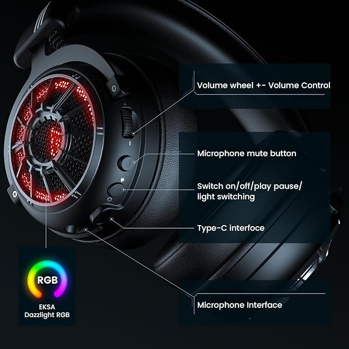 EKSA Wireless Gaming Headset for PS5, PC, PS4, Mac, Switch, Gaming Headphones with 2.4GHz, Bluetooth 5.3, 7.1 Surround Sound, Detachable Noise Canceling Microphone