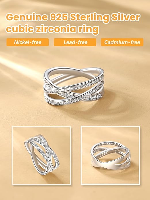 Bestyle 925 Sterling Silver Simulated Diamond CZ Criss Cross Ring for Women, Infinity Love Statement Rings CZ Eternity Engagement Wedding Band Ring for Her