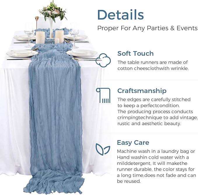 6 Pack Boho Gauze Cheesecloth Long Rustic Sheer Table Runner for Wedding, Bridal, Baby Shower, Birthday Party, Cake Table, Arbor Decorations (Dusty Blue)