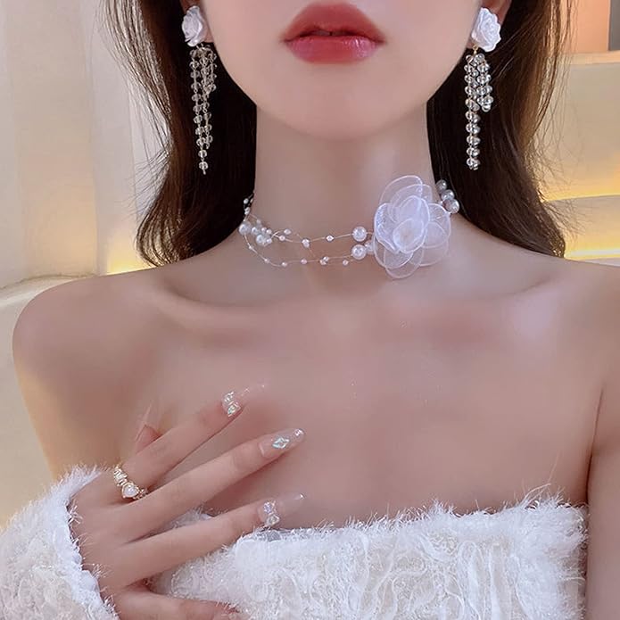 Boho Flower Pearl Choker Necklace for Floral Choker,Women Dainty Pearl Beaded Chain Collar Necklace Flower Necklace for Women Trendy Jewelry