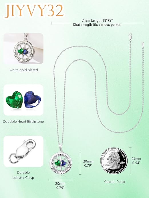 Compass Necklace for Women, Exquisite S925 Valentines Day Anniversary Birthday Gifts for Wife Her Double Birthstone Pendant Jewelry ‘I'd be Lost Without You’