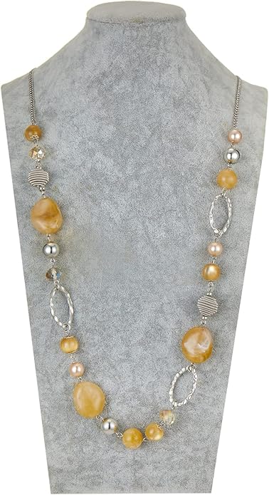 BULINLIN Beaded Long Necklace for Women Silver Sweater Chain Necklace with Crystal Resin Beads, Fashion Jewelry Necklace
