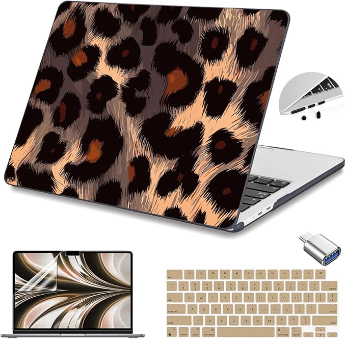 Teryeefi Compatible for 2022-2024 MacBook Air 13.6 inch Case M3 A3113/ M2 A2681, Flowers Hard Shell Case&Keyboard Cover&Type C Adapter for MacBook Air M3 M2 with Touch ID, Leopard Skin Pattern