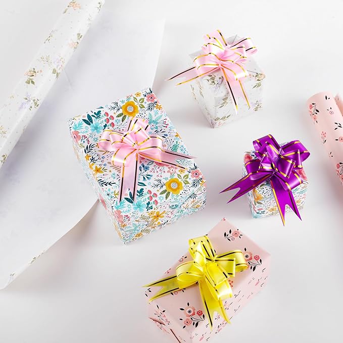 Miss DuiDui Floral Gift Wrapping Paper, 3 Mini Rolls, 17 inch x 9.8 feet, Colorful Flowers Design for Baby Shower Girls Boys Mothers, Holiday, Party, Wedding