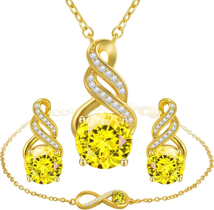 Jewelry Sets for Women-18K Gold Plated Dainty Birthstone Pendant,Trendy Necklace Earrings Infinity Bracelets Set,Ideal Jewelry Gifts for Her Mom