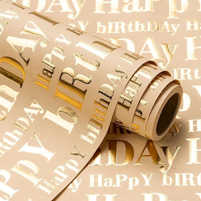 WRAPAHOLIC Jumbo 3D Kraft Birthday Wrapping Paper Roll - 30 Inch x 16.5 Feet - Gold and Brown Happy Birthday Wrapping Paper with Embossed Perfect for Holiday, Party Celebration