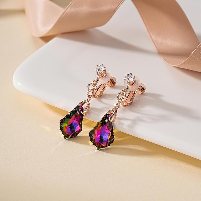 Austrian Crystal Baroque Drop Clip On Dangle Earrings for Women Non Pierced 14K Rose Gold Plated Hypoallergenic Jewelry
