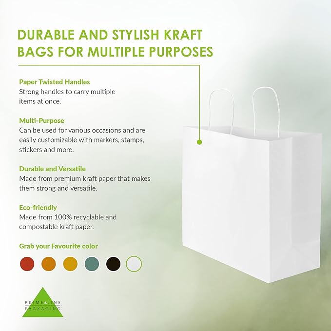 Prime Line Packaging White Gift Bags, Large Paper Bags with Handles for Small Business, Shopping, Boutique, Retail, Party Favors, Bulk, 16x6x12, 200 Pack