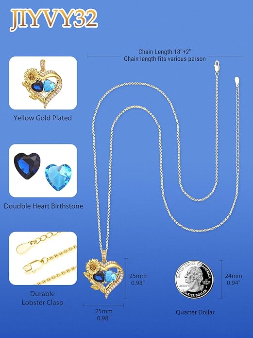 Sunflower Heart Necklace for Women 14K Gold Exquisite Valentines Day Anniversary Birthday Gifts for Wife Mother Her Double Birthstone Pendant Jewelry‘You Are My Sunshine’
