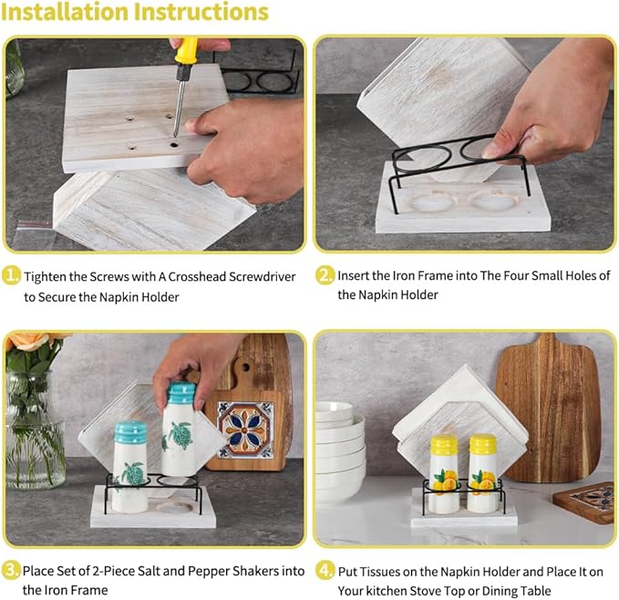 Rustic Farmhouse Napkin Holder Set - Natural Wood Kitchen Organizer with Lemon 2 Salt & Pepper Shakers for Countryside Dining & Minimalist Home Decor (Gift Ready)