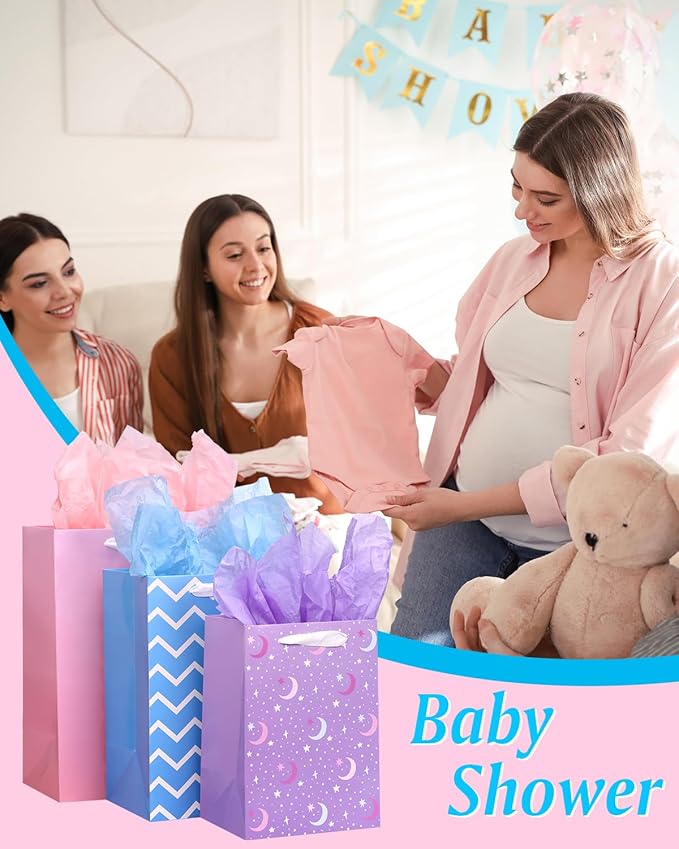OUTUXED 12pcs Paper Gift Bags with Tissue Assorted Sizes Birthday Gift Bags with Different Designs Bulk (5 Medium 9.8", 4 Large 11.8", 3 Extra Large 13.8") for Birthday, Baby Showers, Party, Wedding