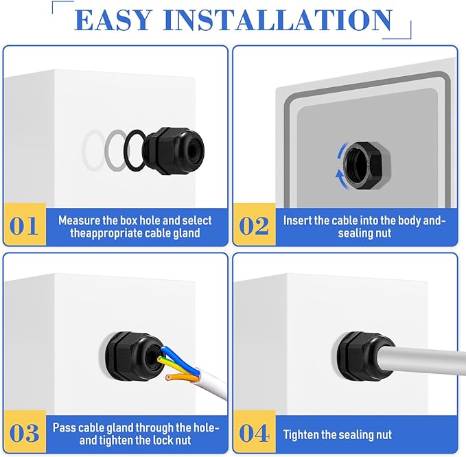 Duraaamo 100pcs Nylon Cable Gland Kit 3-25 mm Cable Gland Connectors NPT Waterproof Strain Relief Cord Connector Black Plastic Cord Grip Weatherproof Cable Pass Through PG7 PG9 PG13.5 PG21 PG29