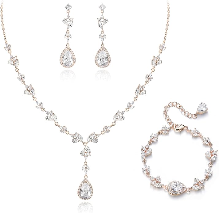 Crysdue Teardrop Bridal Jewelry Set for Wedding Party, Silver/14K/Rose Gold Plated Prom Costume Jewellery for Bride Bridesmaids Women, Cubic Zirconia Necklace Dangle Earrings Bracelet
