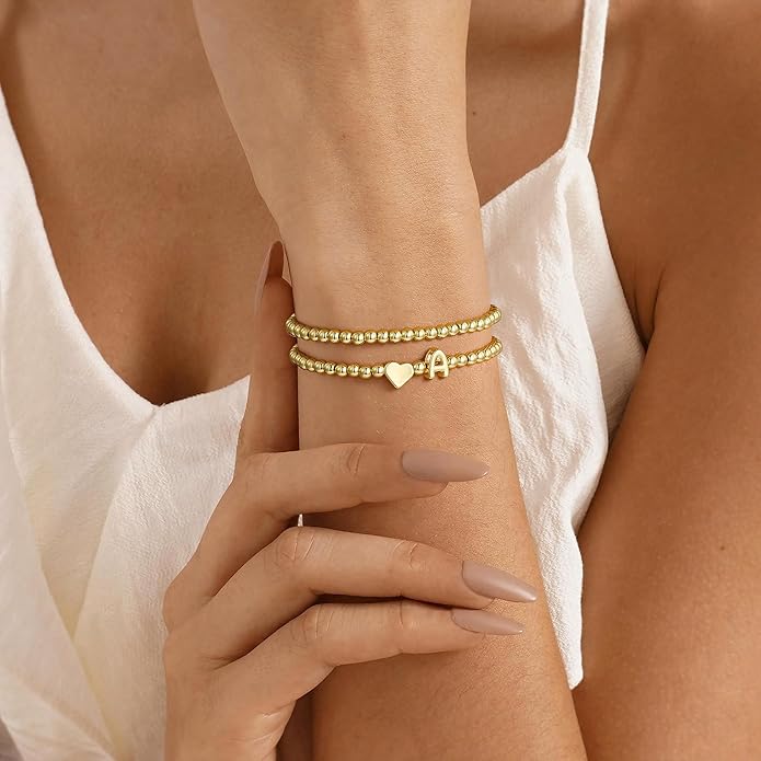 Ursteel Valentines Day Gifts for Her Women - Dainty 14K Gold Plated Beaded Bracelets for Women Trendy Letter A-Z Heart Jewelry Personalized Gifts