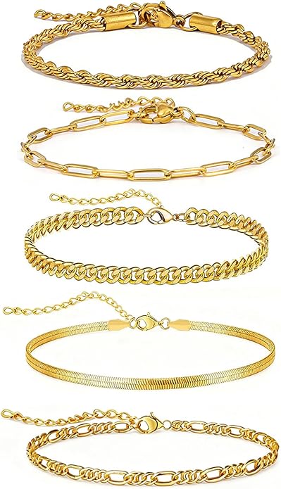 18K Gold Plated Bracelet Sets for Women Waterproof - Trendy Thin Dainty Stackable Cuban Link Paperclip Snake Twisted Chain Fashion Jewelry Accessories Gifts for Women