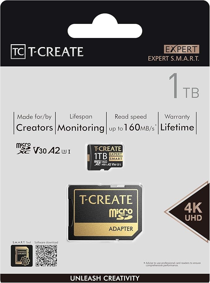 TEAMGROUP T-Create Smart A2 1TB Micro SDXC U3 V30 4K R/W Speed up to 160/150 MB/s High Speed Flash Memory Card for Creators, Compatible with GoPro, Insta360 TTCS1TIA2V3003