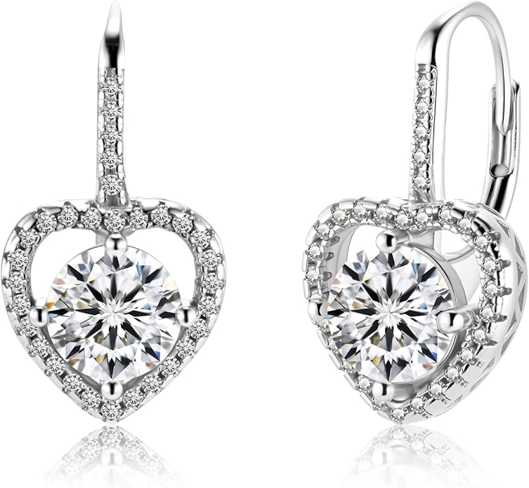 Moissanite Earrings, White Gold Plated Soild Sterling Silver Dangle Earrings 1.0ct-2.0ct D Color Brilliant Round Cut Lab Created Moissanite French Leverback Drop Earring for Women